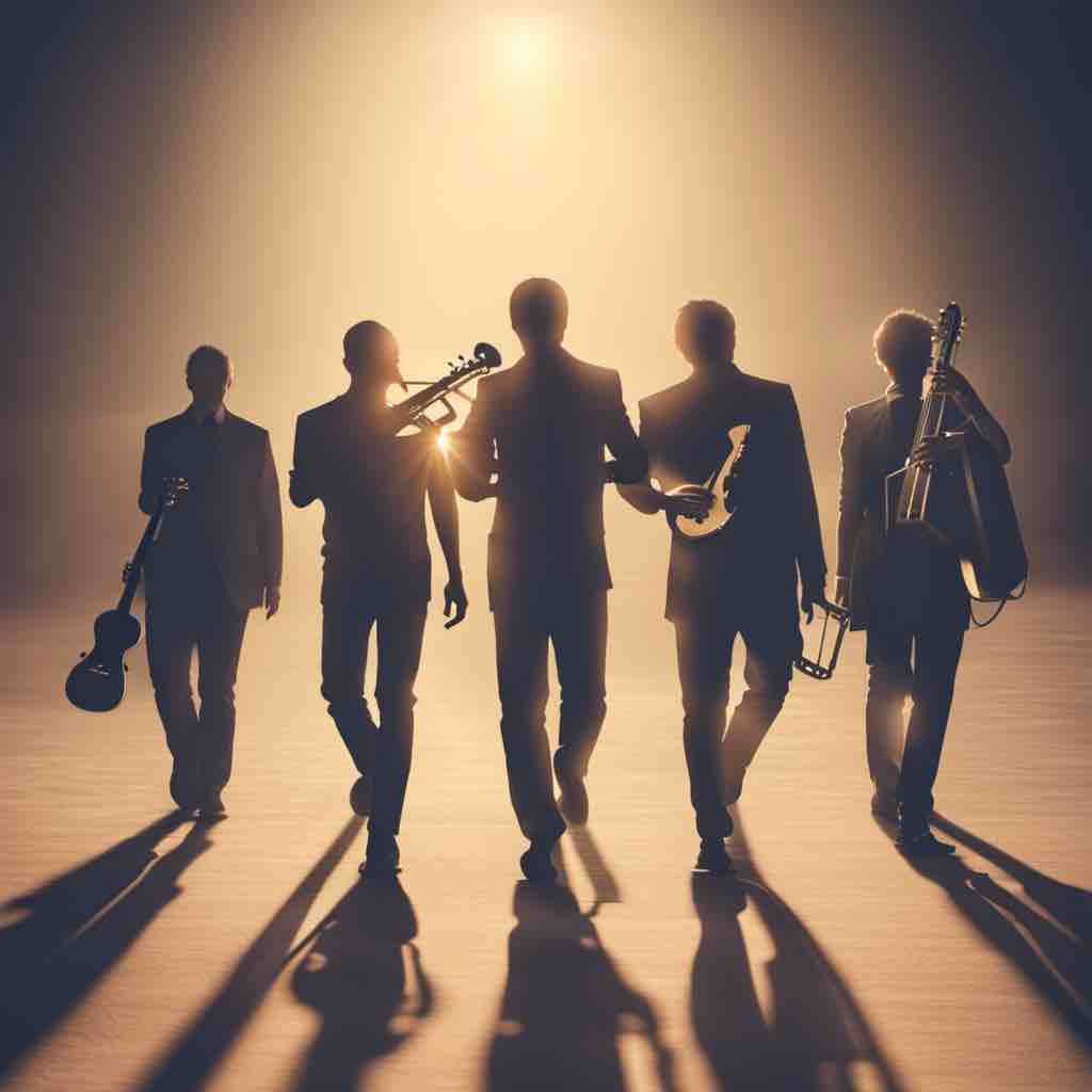 Musicians walking towards light.